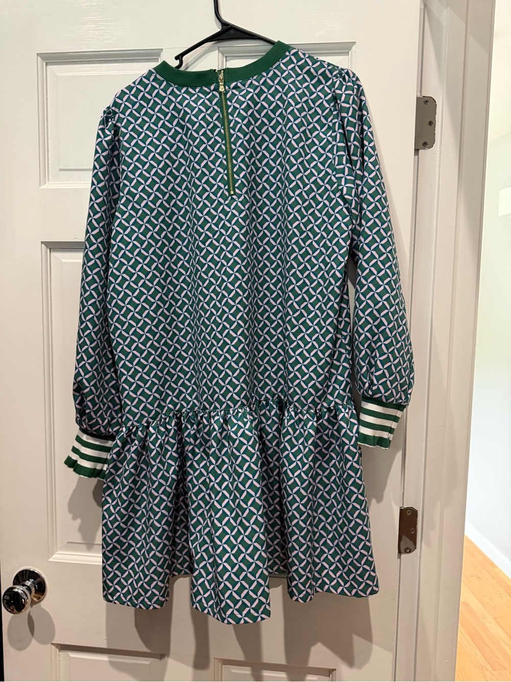 Addison Bay Navy Geometric Long-Sleeve Vine Dress with Green Trim - Picture 4 of 4